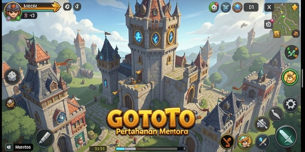 Screenshot gameplay GOTOTO yang menampilkan menara pertahanan yang strategis.