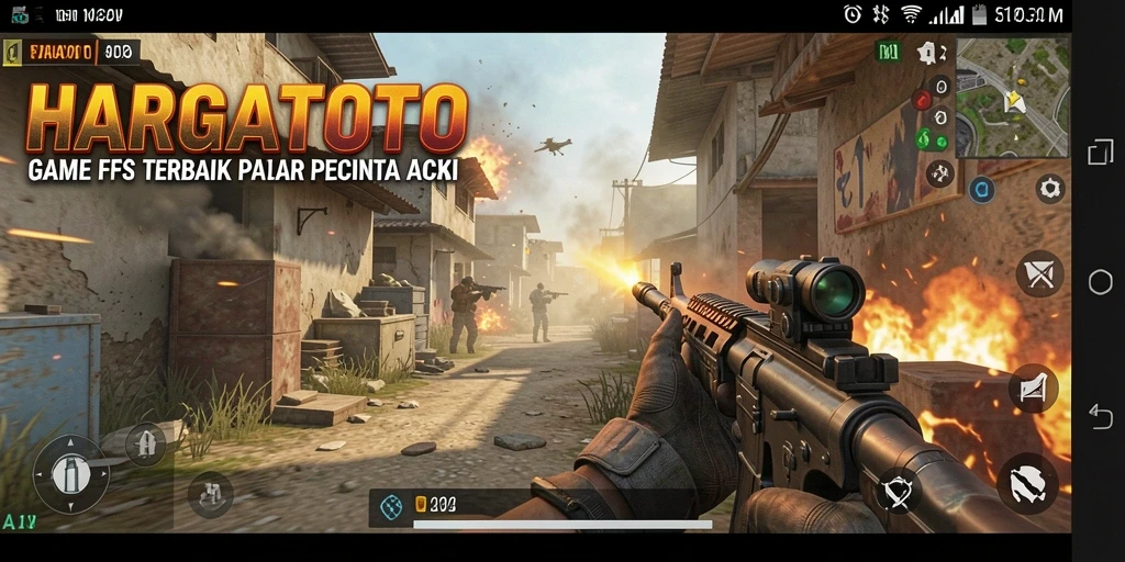 Screenshot gameplay HARGATOTO menunjukkan aksi tembak-menembak yang intens.