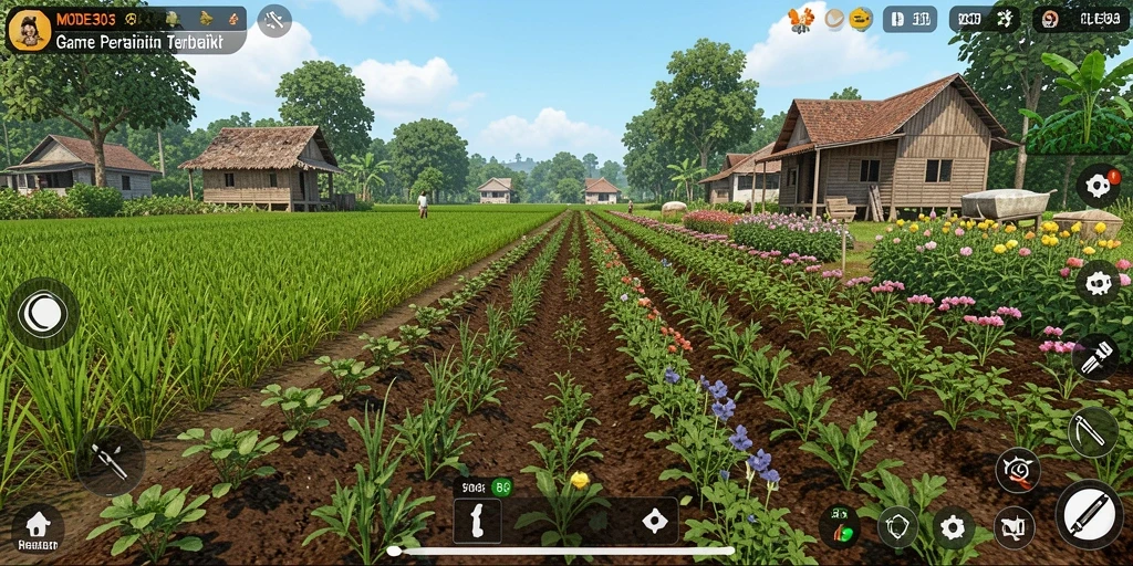 Screenshot permainan MODE303 dengan tampilan ladang yang subur dan hewan ternak.