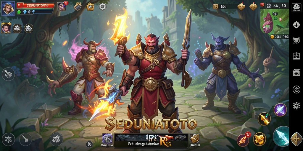 Screenshot gameplay SEDUNIATOTO menunjukkan karakter petualang dalam pertempuran epik.